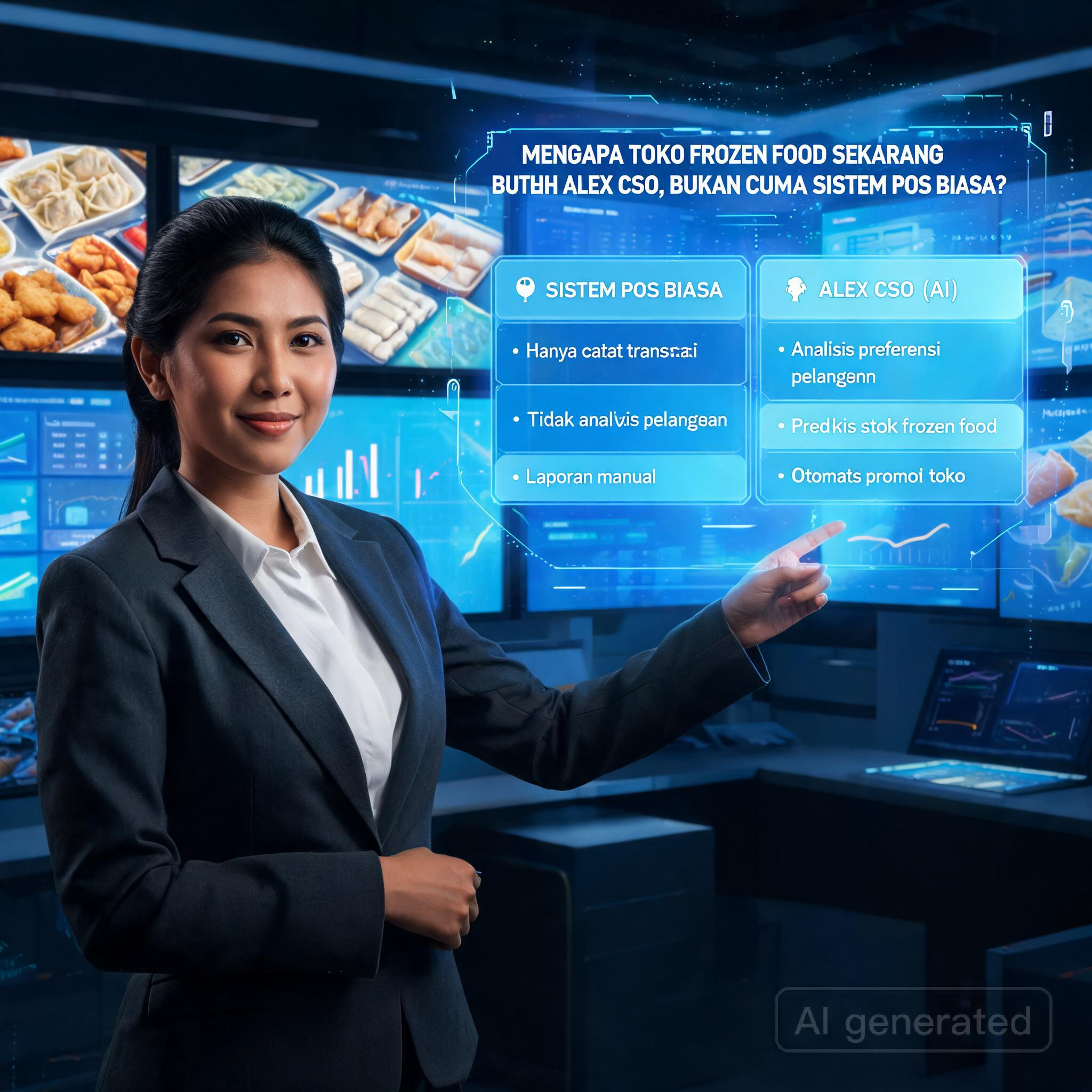 Alex CSO untuk toko frozen food, meningkatkan penjualan frozen food dengan AI, analisis kompetitor toko frozen food Jakarta, strategi promosi frozen food bagian 1